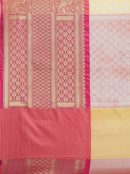 Faishana Presents Presents Gold Kanchi Silk Zari Brocade Contrast Silk Zari Brocade Red Pattu Border Banarasi Saree.