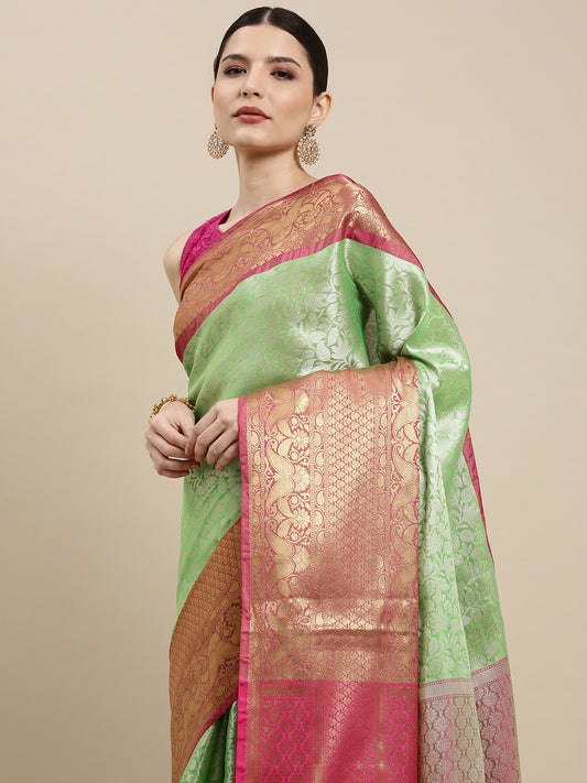 Faishana Presents Presents Green Kanchi Silk Zari Brocade Contrast Zari Brocade Red Pattu Border Banarasi Saree.