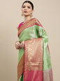 Faishana Presents Presents Green Kanchi Silk Zari Brocade Contrast Zari Brocade Red Pattu Border Banarasi Saree.