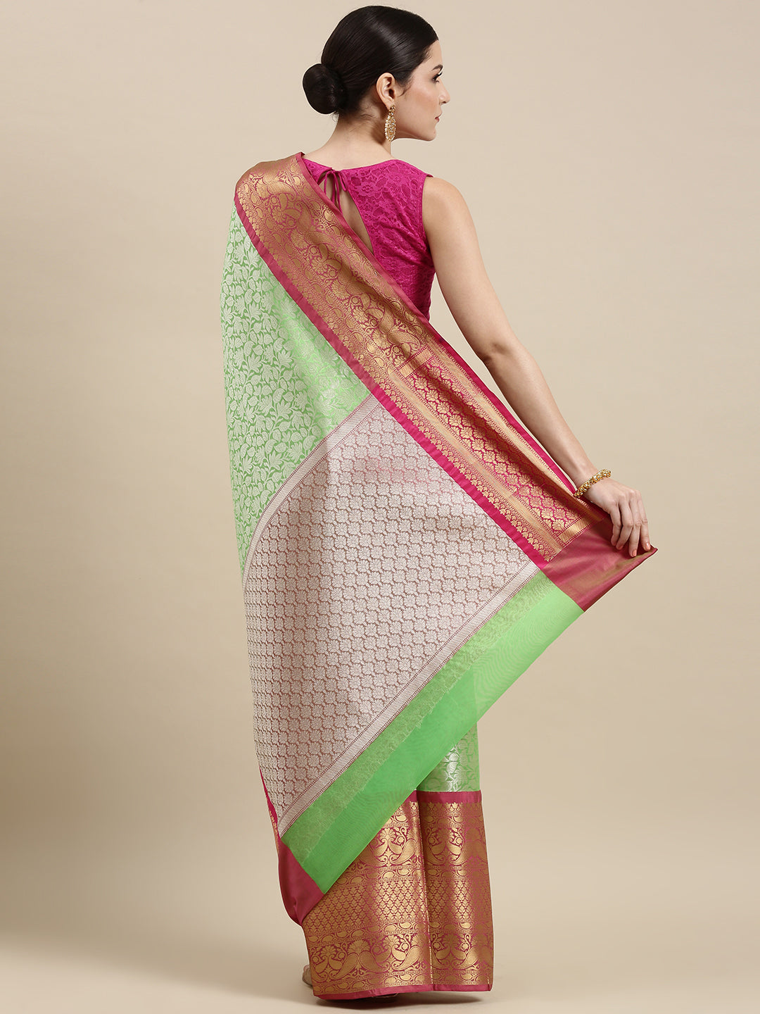 Faishana Presents Presents Green Kanchi Silk Zari Brocade Contrast Zari Brocade Red Pattu Border Banarasi Saree.