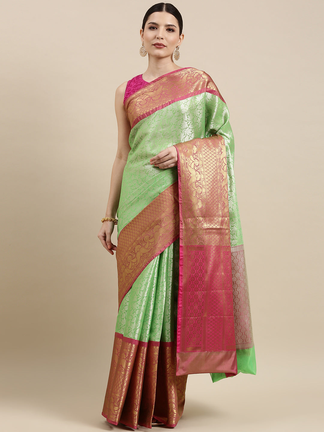 Faishana Presents Presents Green Kanchi Silk Zari Brocade Contrast Zari Brocade Red Pattu Border Banarasi Saree.