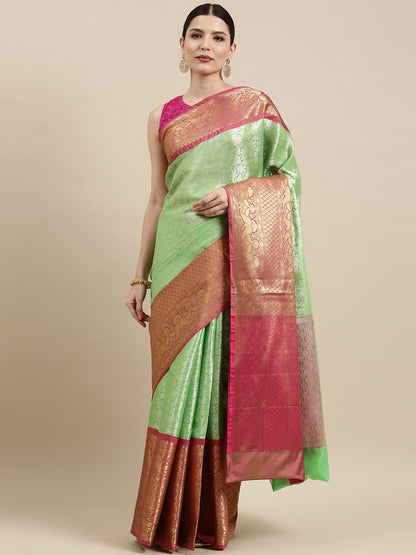 Faishana Presents Presents Green Kanchi Silk Zari Brocade Contrast Zari Brocade Red Pattu Border Banarasi Saree.