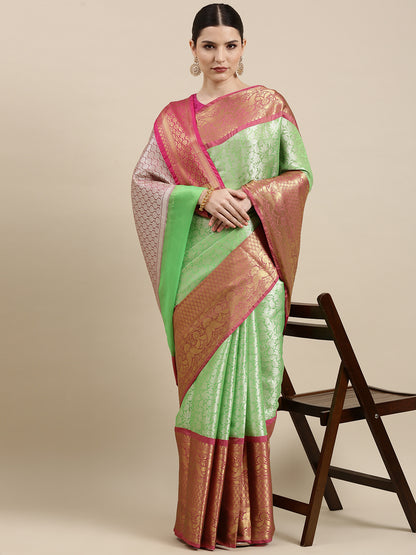 Faishana Presents Presents Green Kanchi Silk Zari Brocade Contrast Zari Brocade Red Pattu Border Banarasi Saree.