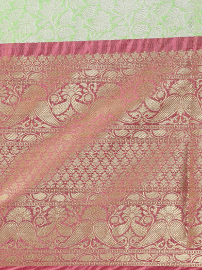 Faishana Presents Presents Green Kanchi Silk Zari Brocade Contrast Zari Brocade Red Pattu Border Banarasi Saree.