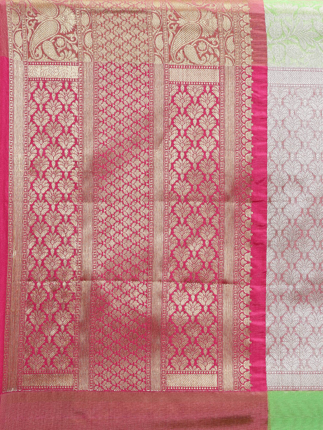 Faishana Presents Presents Green Kanchi Silk Zari Brocade Contrast Zari Brocade Red Pattu Border Banarasi Saree.