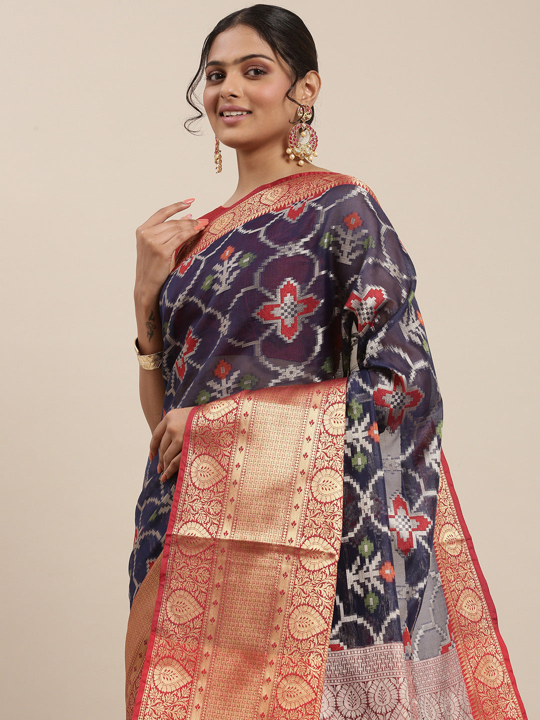 Faishana Presents Presents Navy Blue Zari Patola Contrast Zari Brocade Maroon Pattu Border Banarasi Saree.