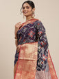 Faishana Presents Presents Navy Blue Zari Patola Contrast Zari Brocade Maroon Pattu Border Banarasi Saree.