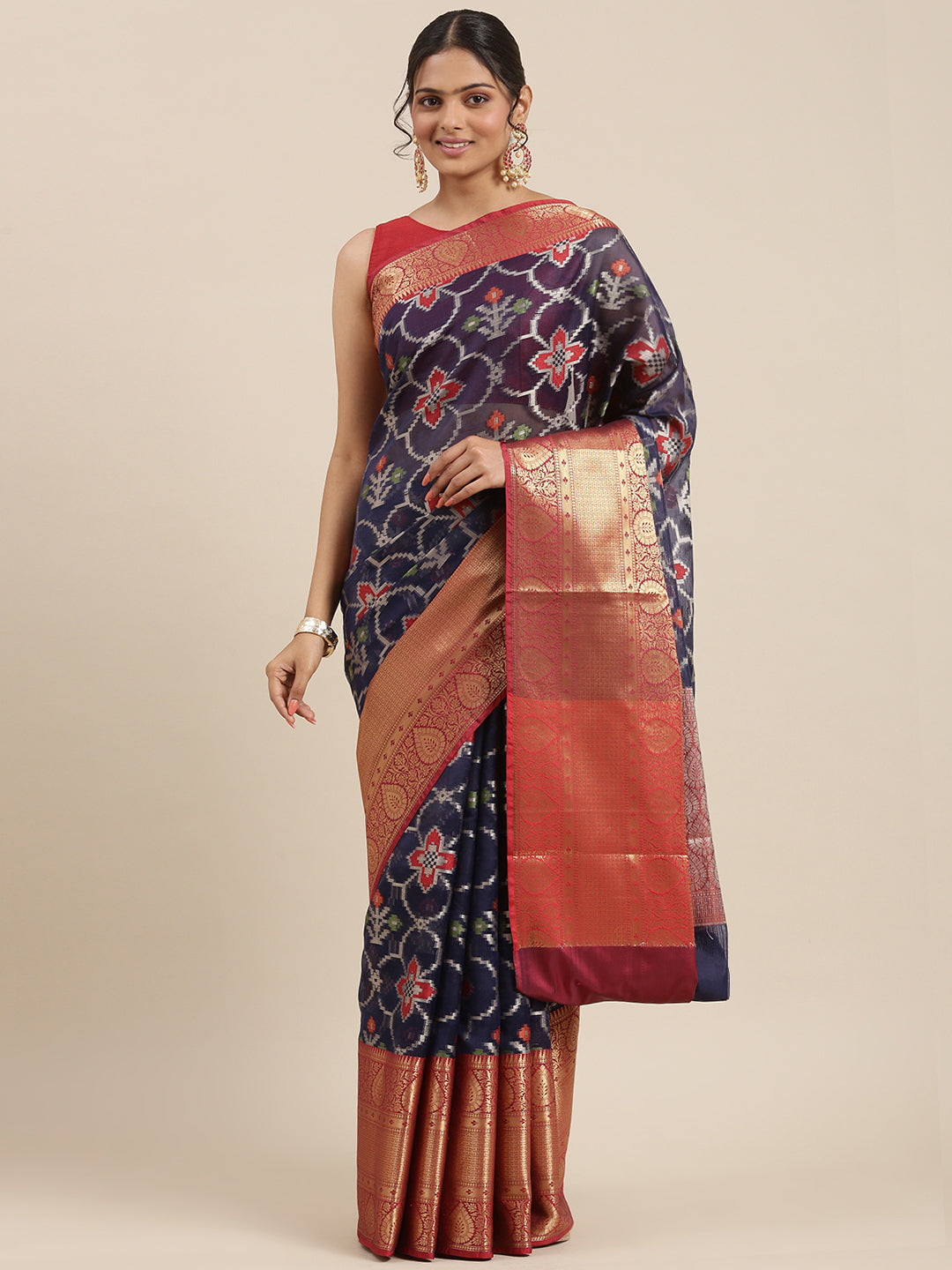 Faishana Presents Presents Navy Blue Zari Patola Contrast Zari Brocade Maroon Pattu Border Banarasi Saree.