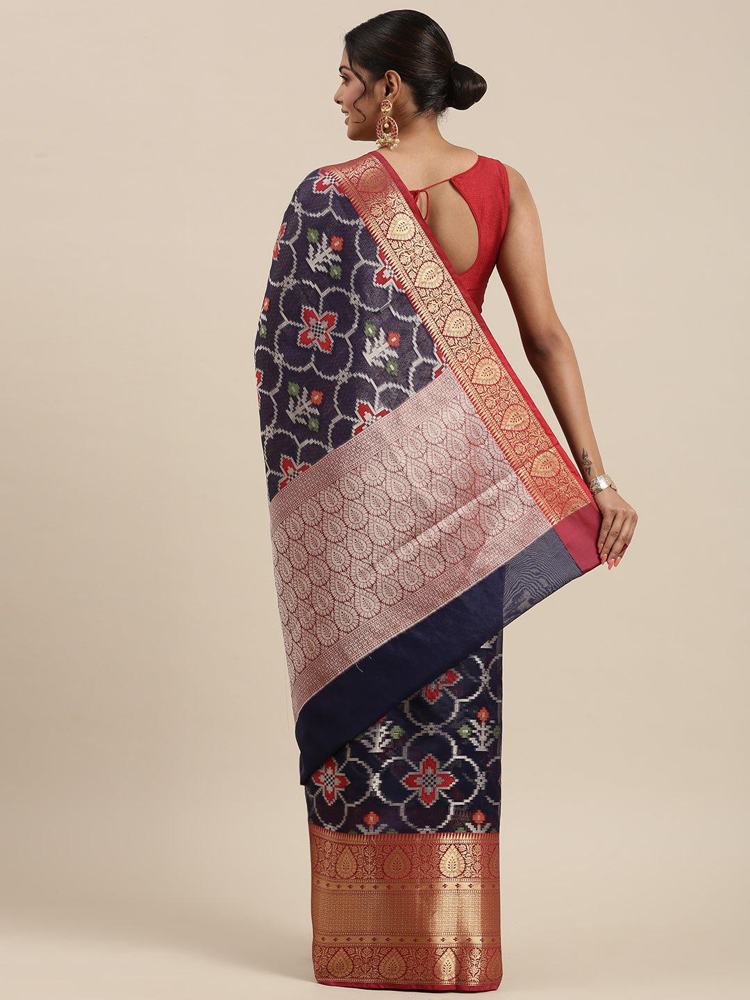 Faishana Presents Presents Navy Blue Zari Patola Contrast Zari Brocade Maroon Pattu Border Banarasi Saree.