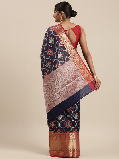 Faishana Presents Presents Navy Blue Zari Patola Contrast Zari Brocade Maroon Pattu Border Banarasi Saree.