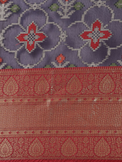 Faishana Presents Presents Navy Blue Zari Patola Contrast Zari Brocade Maroon Pattu Border Banarasi Saree.
