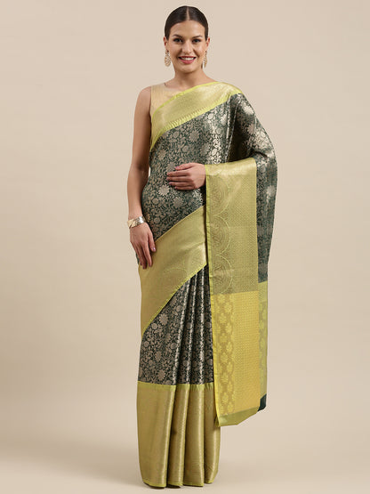 Faishana Presents Presents Bottle Green Zari Patan Patola Contrast Zari Brocade Pistachio Pattu Border Banarasi Saree.