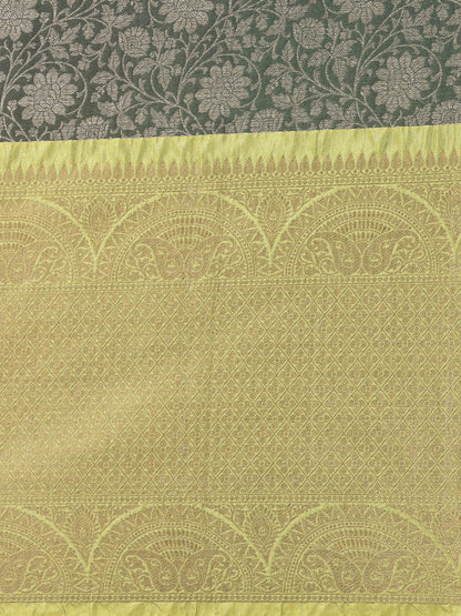 Faishana Presents Presents Bottle Green Zari Patan Patola Contrast Zari Brocade Pistachio Pattu Border Banarasi Saree.