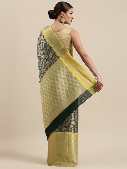 Faishana Presents Presents Bottle Green Zari Patan Patola Contrast Zari Brocade Pistachio Pattu Border Banarasi Saree.