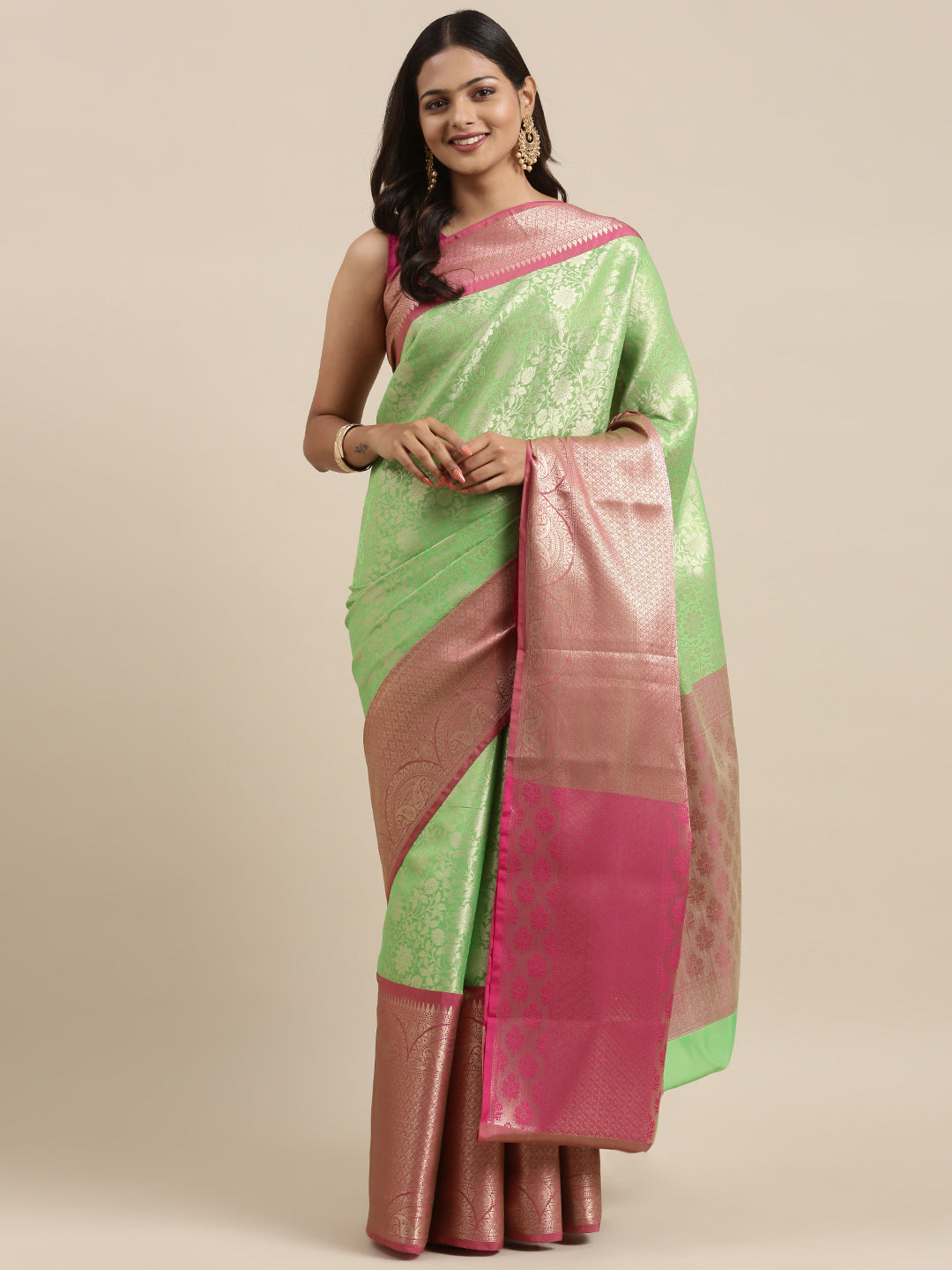 Faishana Presents Presents Green Kanchi Silk Zari Brocade Contrast Zari Brocade Pink Pattu Border Banarasi Saree.