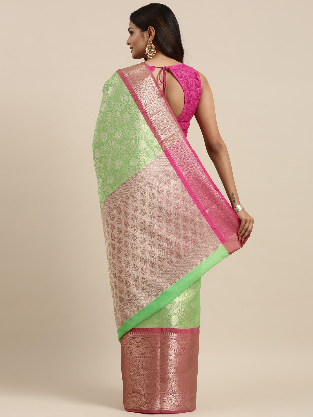 Faishana Presents Presents Green Kanchi Silk Zari Brocade Contrast Zari Brocade Pink Pattu Border Banarasi Saree.