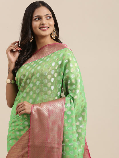 Faishana Presents Presents Green Silver Gold Zari Chunri Booti Contrast Pink Pattu Border Banarasi Saree.