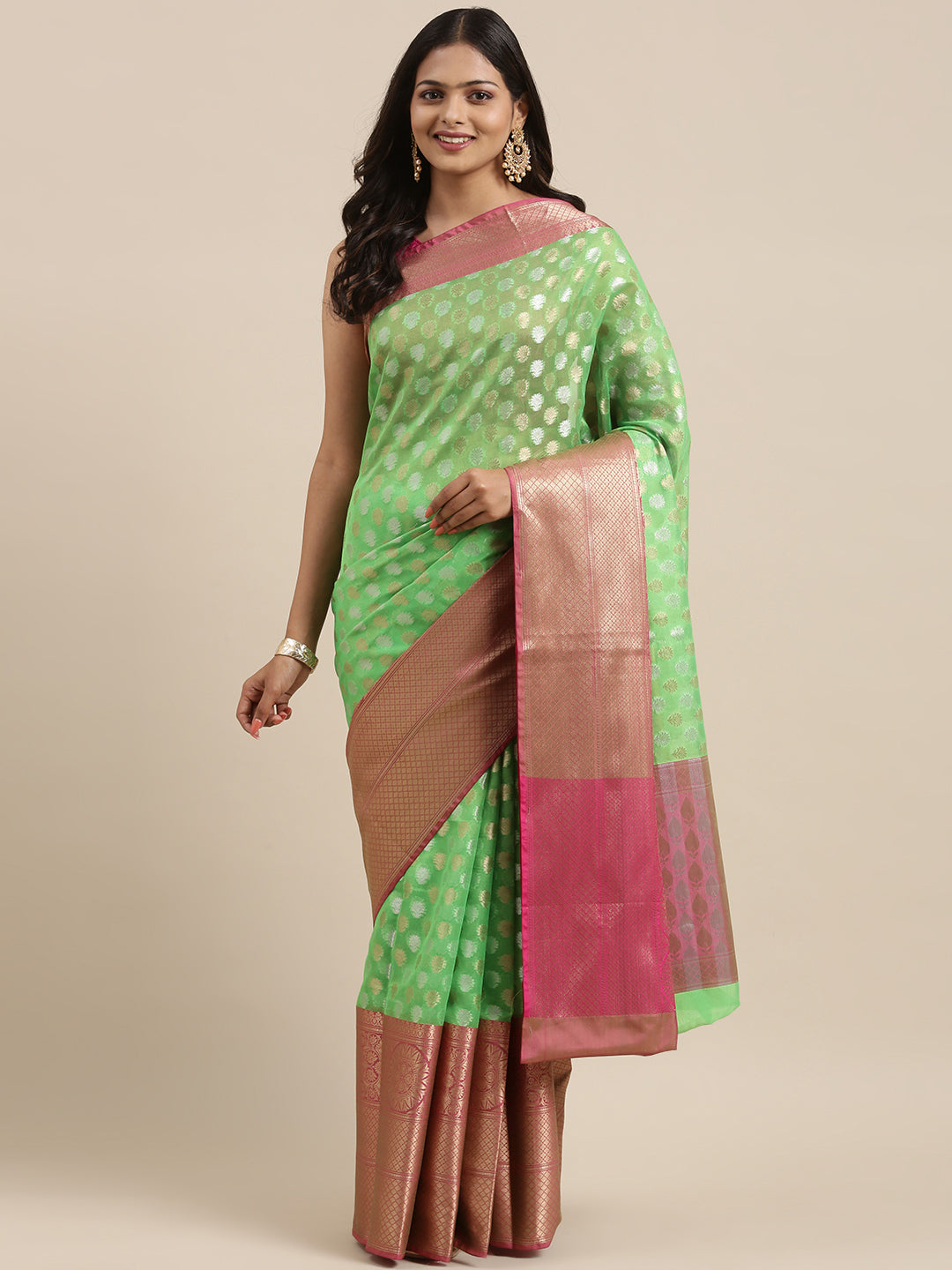 Faishana Presents Presents Green Silver Gold Zari Chunri Booti Contrast Pink Pattu Border Banarasi Saree.