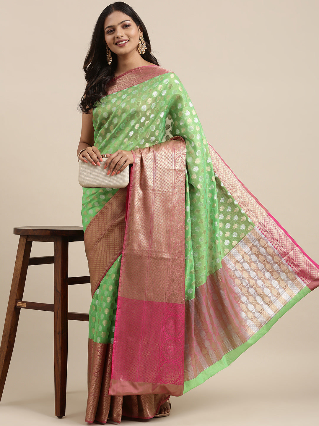 Faishana Presents Presents Green Silver Gold Zari Chunri Booti Contrast Pink Pattu Border Banarasi Saree.