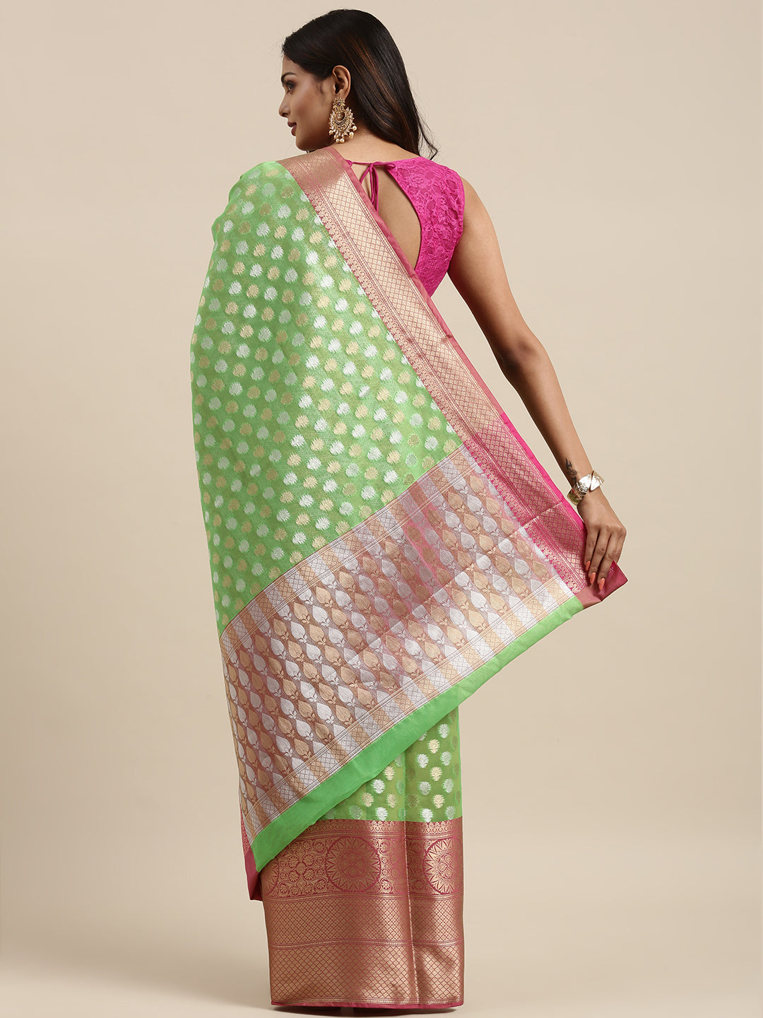 Faishana Presents Presents Green Silver Gold Zari Chunri Booti Contrast Pink Pattu Border Banarasi Saree.