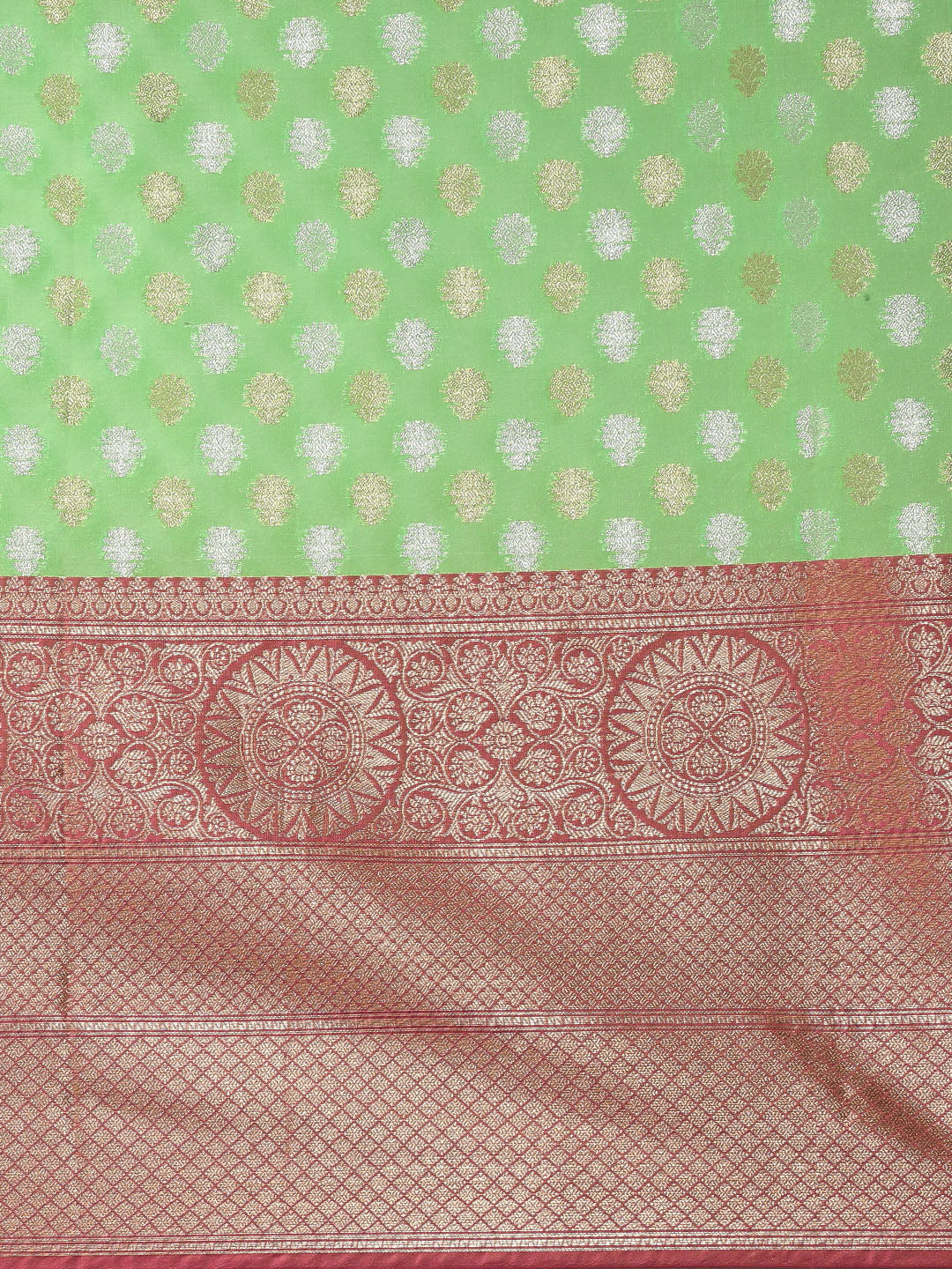 Faishana Presents Presents Green Silver Gold Zari Chunri Booti Contrast Pink Pattu Border Banarasi Saree.