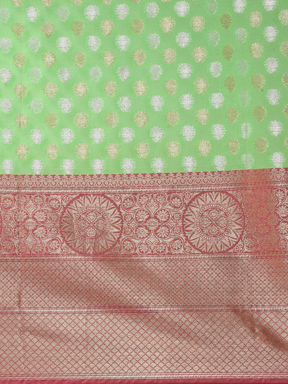 Faishana Presents Presents Green Silver Gold Zari Chunri Booti Contrast Pink Pattu Border Banarasi Saree.