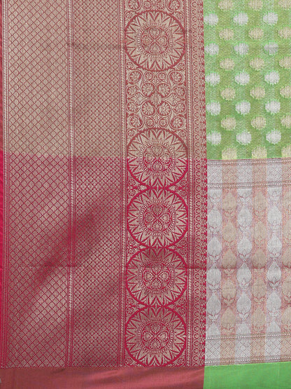 Faishana Presents Presents Green Silver Gold Zari Chunri Booti Contrast Pink Pattu Border Banarasi Saree.