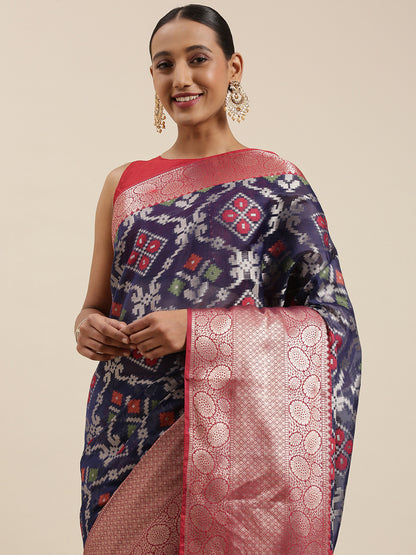 Faishana Presents Presents Navy Blue Zari Patola Contrast Zari Brocade Maroon Pattu Border Banarasi Saree.