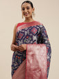 Faishana Presents Presents Navy Blue Zari Patola Contrast Zari Brocade Maroon Pattu Border Banarasi Saree.