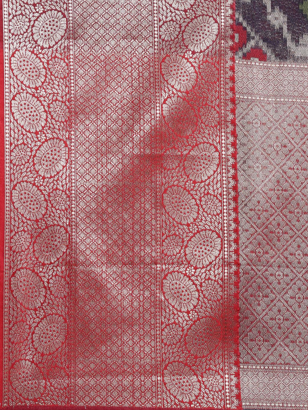 Faishana Presents Presents Navy Blue Zari Patola Contrast Zari Brocade Maroon Pattu Border Banarasi Saree.
