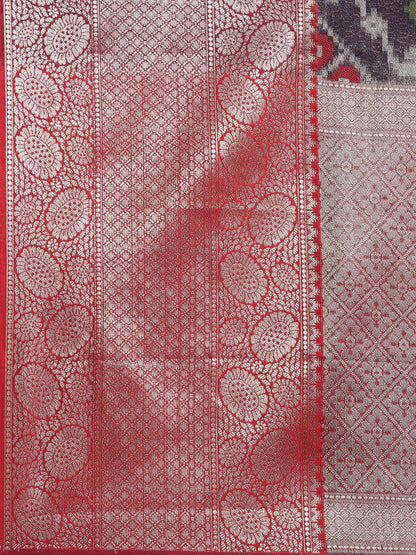 Faishana Presents Presents Navy Blue Zari Patola Contrast Zari Brocade Maroon Pattu Border Banarasi Saree.