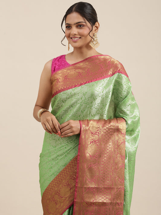 Faishana Presents Presents Green Kanchi Silk Zari Brocade Contrast Zari Brocade Red Pattu Border Banarasi Saree.