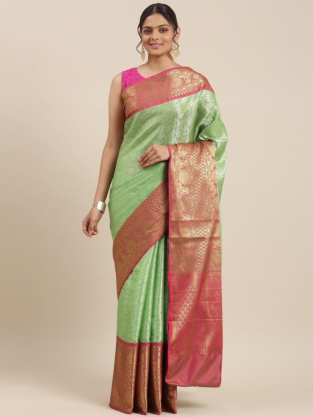 Faishana Presents Presents Green Kanchi Silk Zari Brocade Contrast Zari Brocade Red Pattu Border Banarasi Saree.