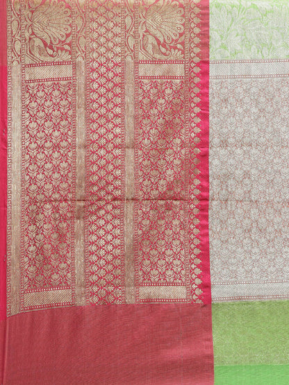 Faishana Presents Presents Green Kanchi Silk Zari Brocade Contrast Zari Brocade Red Pattu Border Banarasi Saree.