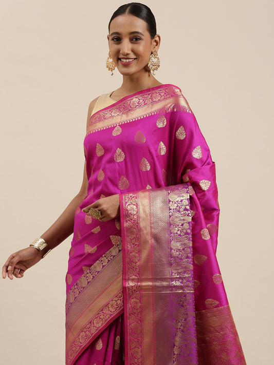 Faishana Presents Magenta Poly Cotton Zari Boota With Skirt Border Banarasi Saree