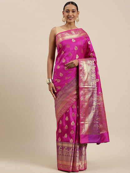 Faishana Presents Magenta Poly Cotton Zari Boota With Skirt Border Banarasi Saree