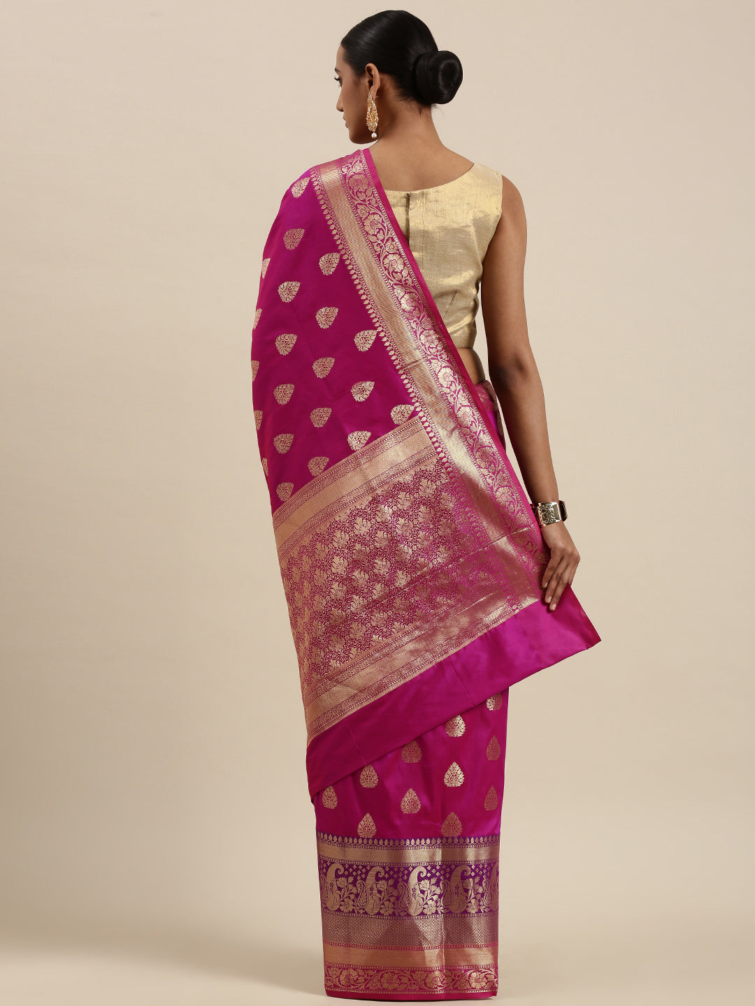 Faishana Presents Magenta Poly Cotton Zari Boota With Skirt Border Banarasi Saree