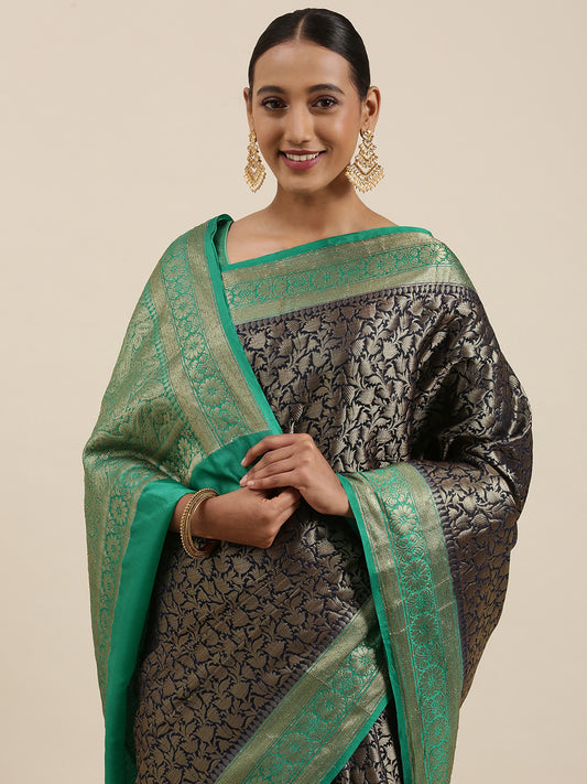 Faishana Presents Black Cotton Blend Zari Brocade Kadiyal Contrast Green Border Banarasi Saree