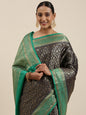 Faishana Presents Black Cotton Blend Zari Brocade Kadiyal Contrast Green Border Banarasi Saree