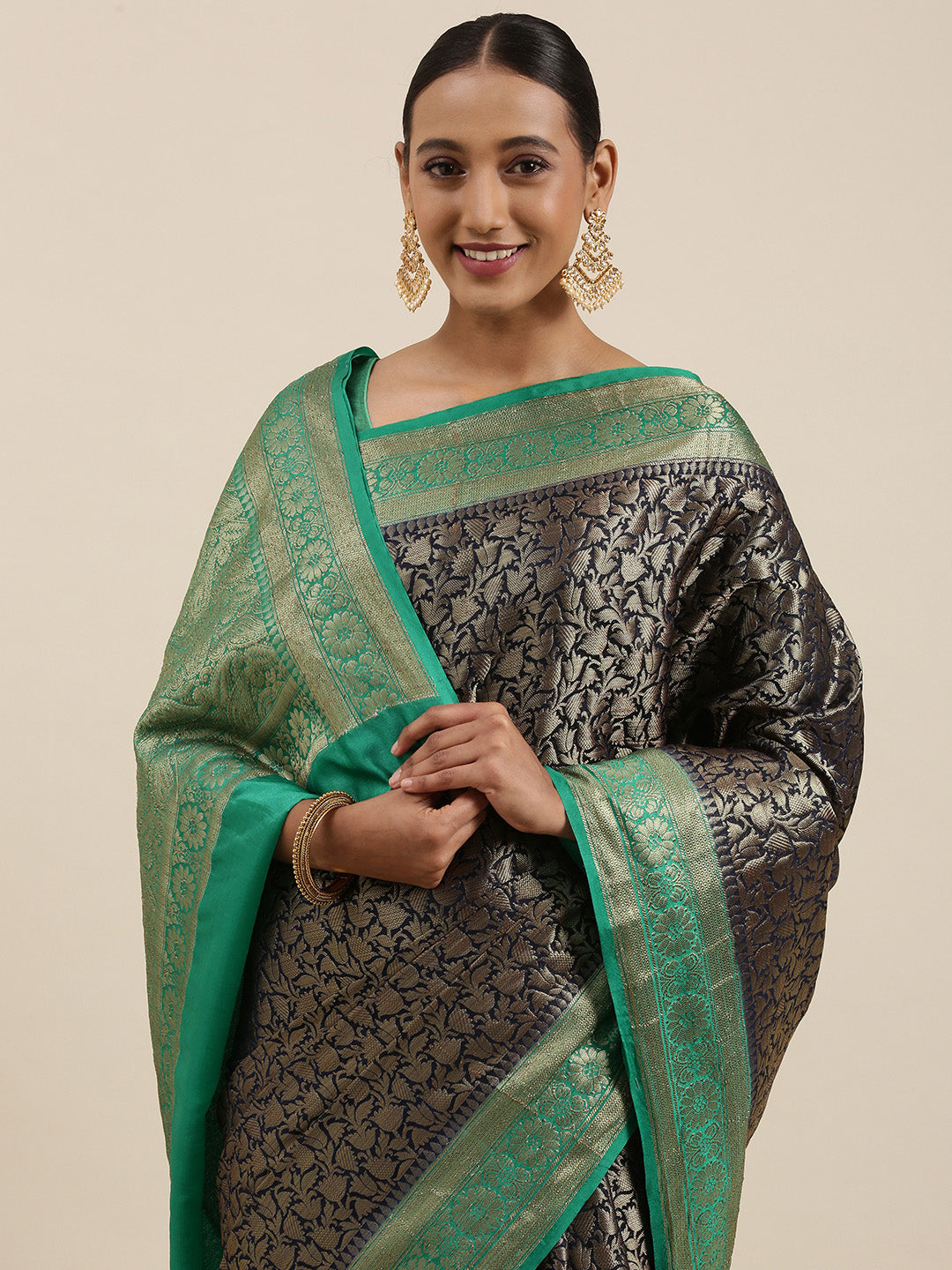Black Cotton Blend Banarasi Sarees For Women GECT23