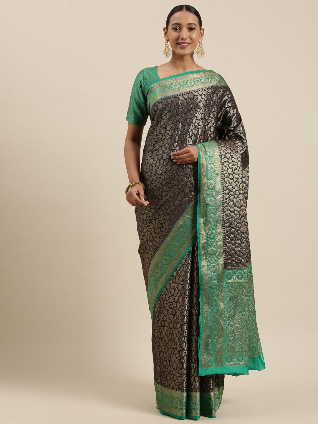 Faishana Presents Black Cotton Blend Zari Brocade Kadiyal Contrast Green Border Banarasi Saree