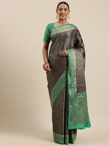 Faishana Presents Black Cotton Blend Zari Brocade Kadiyal Contrast Green Border Banarasi Saree