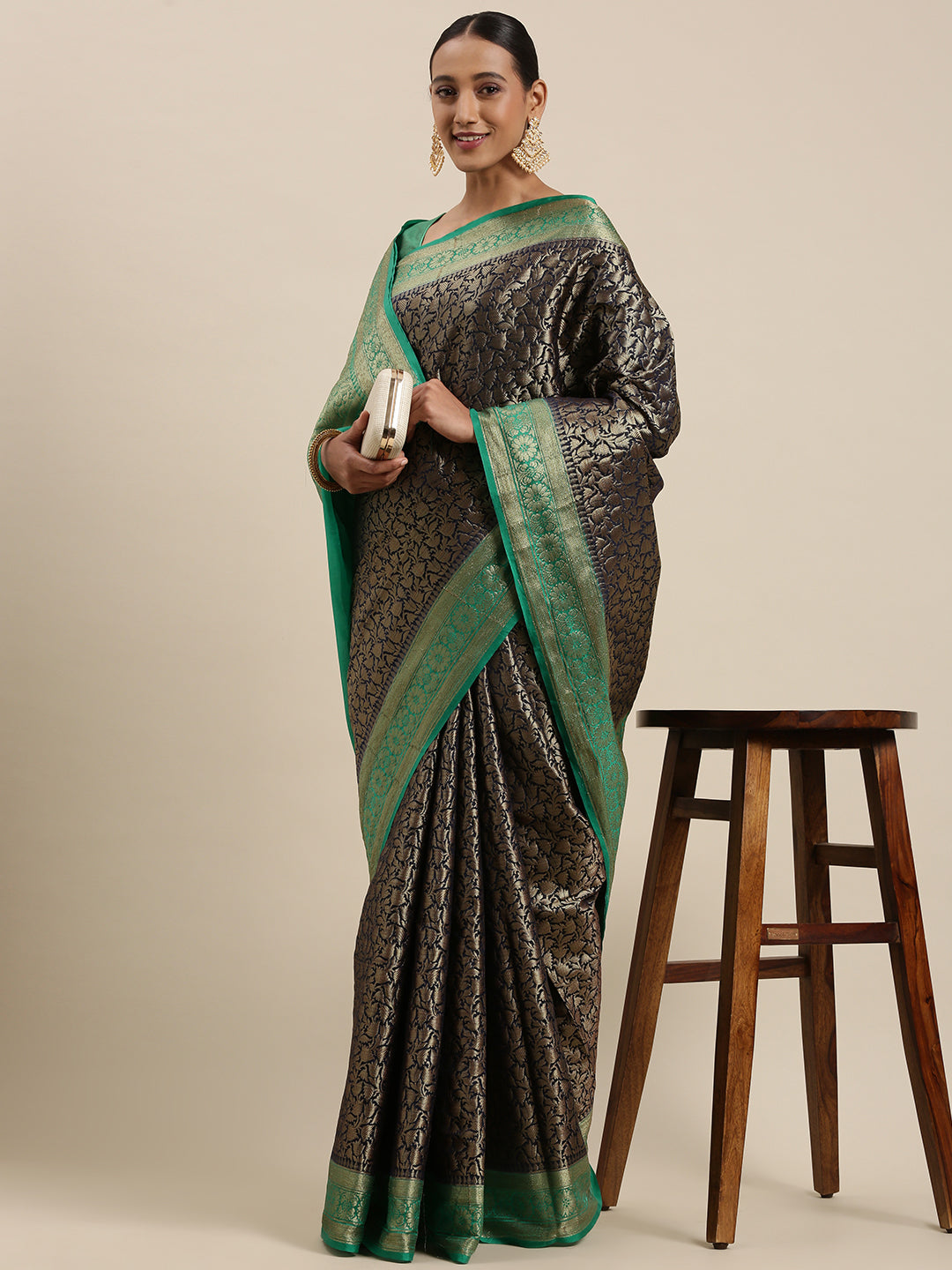 Faishana Presents Black Cotton Blend Zari Brocade Kadiyal Contrast Green Border Banarasi Saree