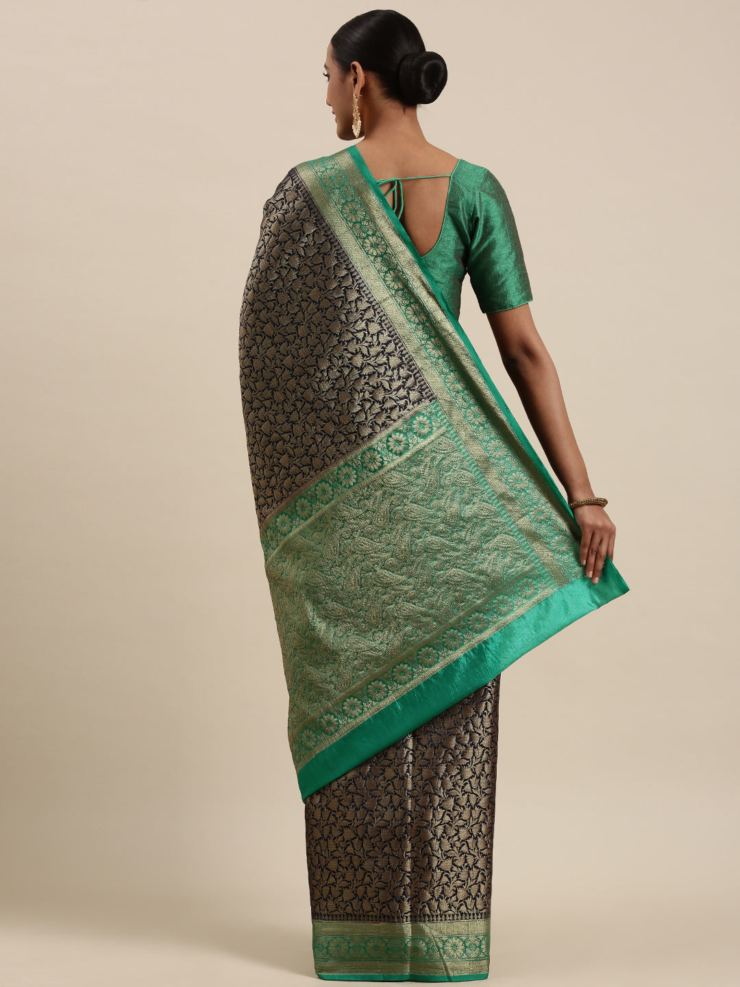 Faishana Presents Black Cotton Blend Zari Brocade Kadiyal Contrast Green Border Banarasi Saree