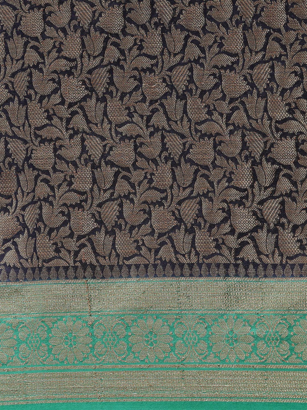 Faishana Presents Black Cotton Blend Zari Brocade Kadiyal Contrast Green Border Banarasi Saree
