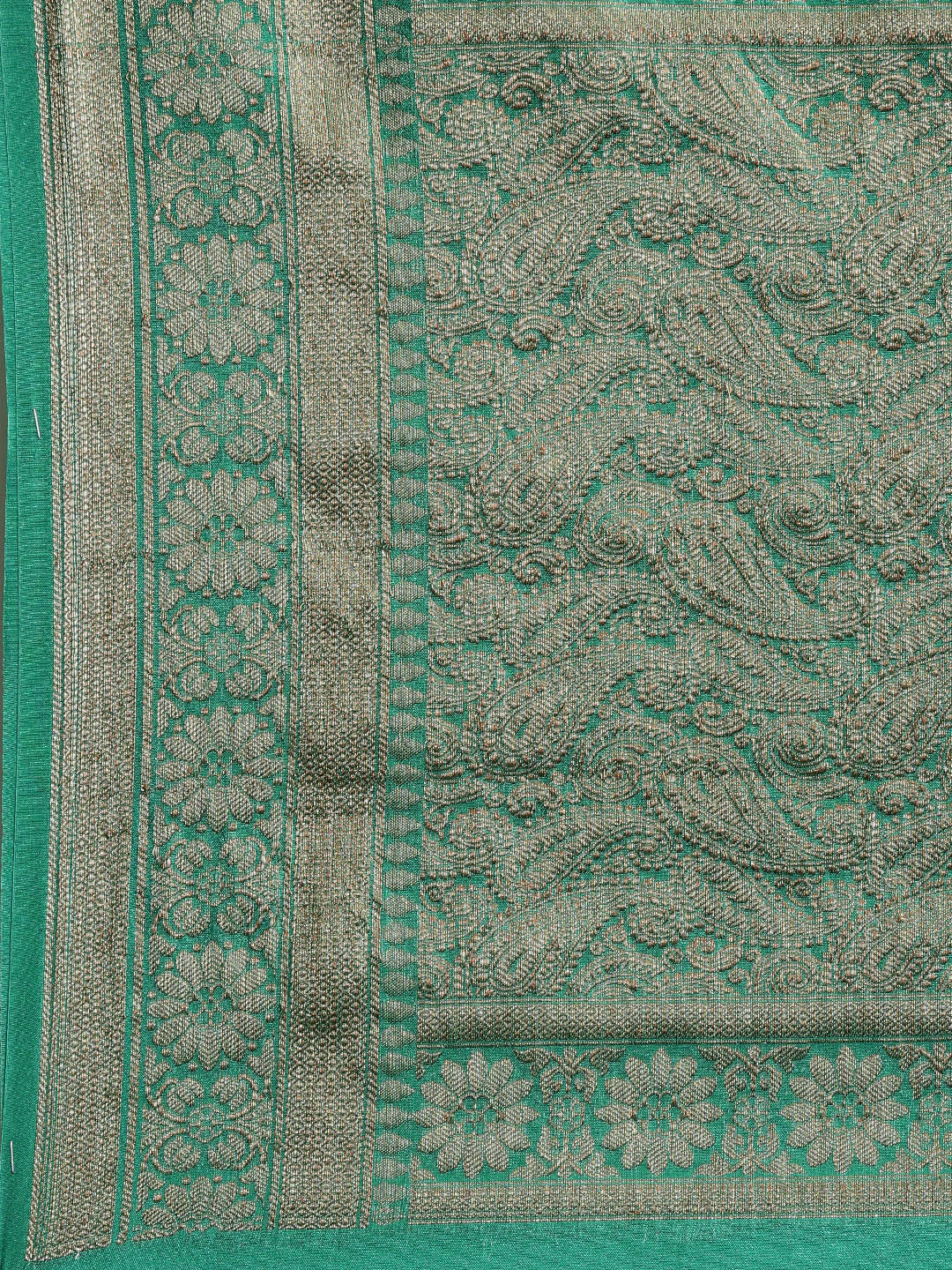 Faishana Presents Black Cotton Blend Zari Brocade Kadiyal Contrast Green Border Banarasi Saree