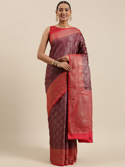 Faishana Presents Brown Cotton Silk Zari Brocade Kadiyal Contrast Red Border Banarasi Saree