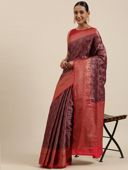 Brown Cotton Blend Banarasi Sarees For Women GECT25