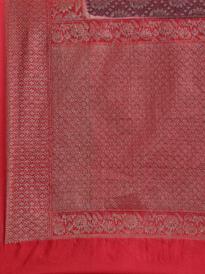 Faishana Presents Brown Cotton Silk Zari Brocade Kadiyal Contrast Red Border Banarasi Saree