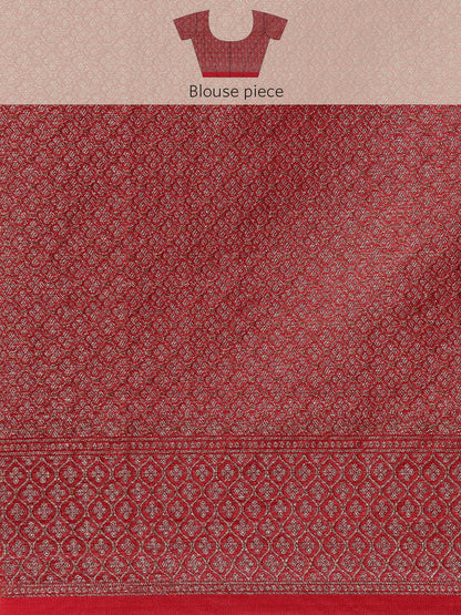 Faishana Presents Brown Cotton Silk Zari Brocade Kadiyal Contrast Red Border Banarasi Saree